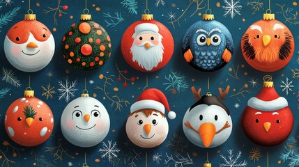 21.A set of round holiday baubles featuring whimsical animal faces, such as Santa Claus with a twinkling beard, a snowman with a carrot nose, and a playful owl in a winter hat, arranged in a bright
