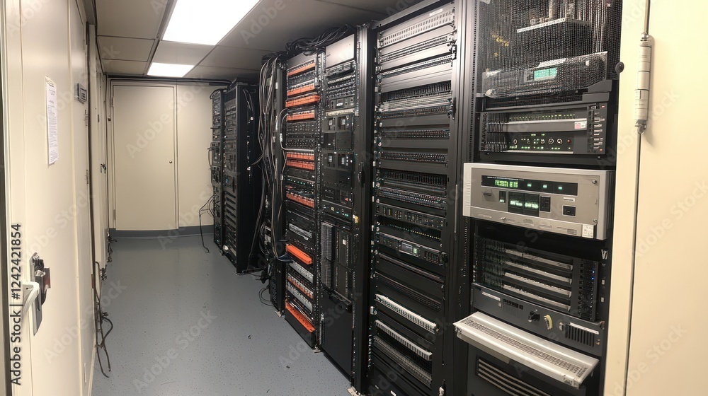 Poster server room with racks of networking equipment and cabling.