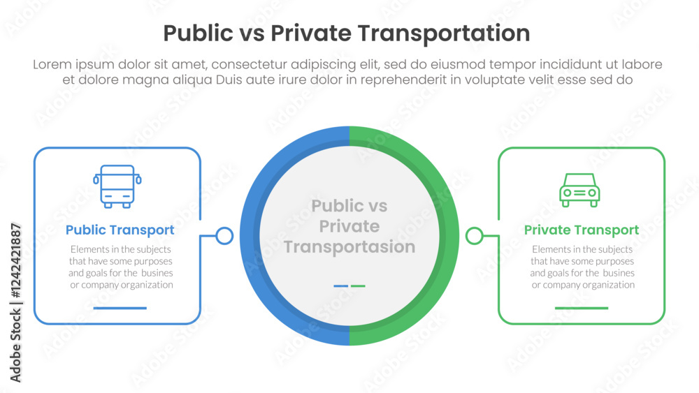 Poster public transport vs personal vehicle comparison concept for infographic template banner with big cir