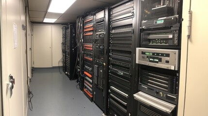 Server room with racks of networking equipment and cabling.