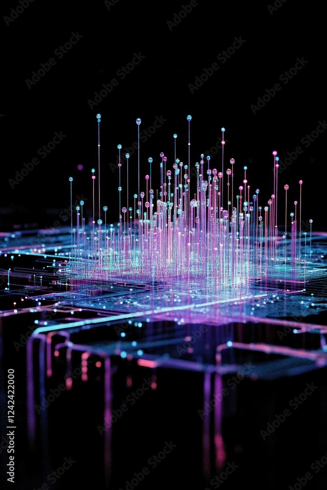 Poster abstract data streams glow in dark space, use for tech background