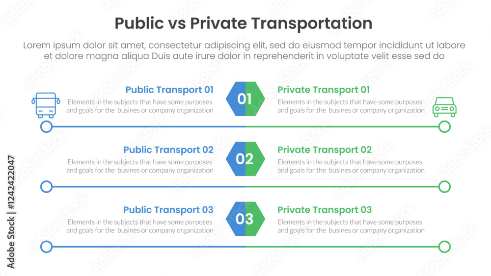 Wall mural public transport vs personal vehicle comparison concept for infographic template banner with hexagon and circle long outline with two point list information