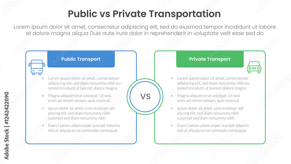 Poster public transport vs personal vehicle comparison concept for infographic template banner with box opp