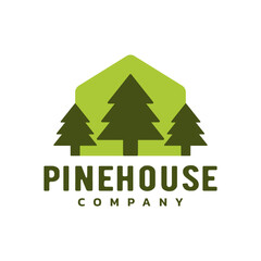 illustration of a house with three pine trees. pine house logo template. logo for nature resort or real estate company.