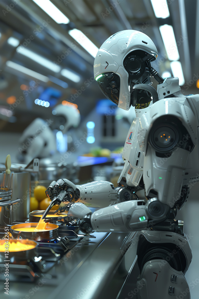 Poster illustrate a futuristic kitchen with advanced robot chefs preparing a meal from an unexpected camera
