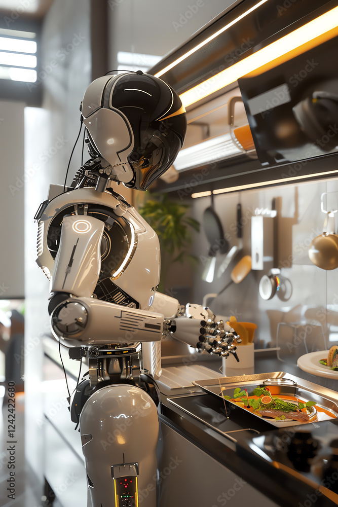 Poster illustrate a futuristic kitchen with advanced robot chefs preparing a meal from an unexpected camera