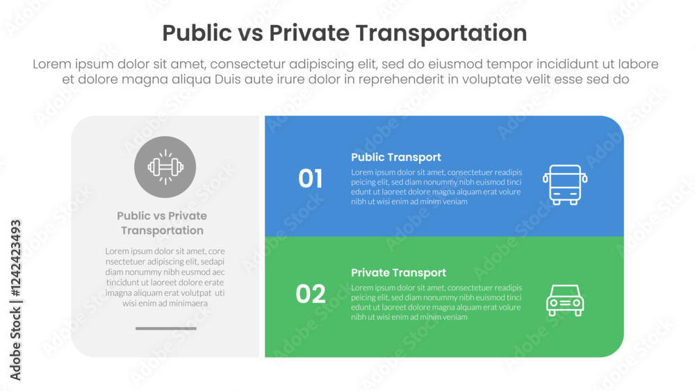 Poster public transport vs personal vehicle comparison concept for infographic template banner with big rou