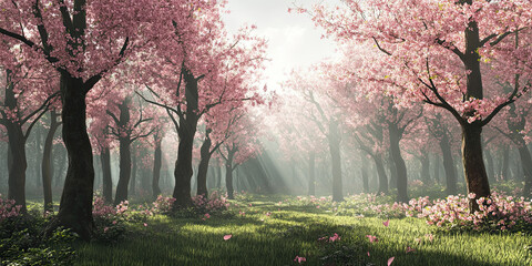 Fototapeta premium Cherry blossom anime trees, spring forest background, blooming landscape, vibrant seasonal scenery