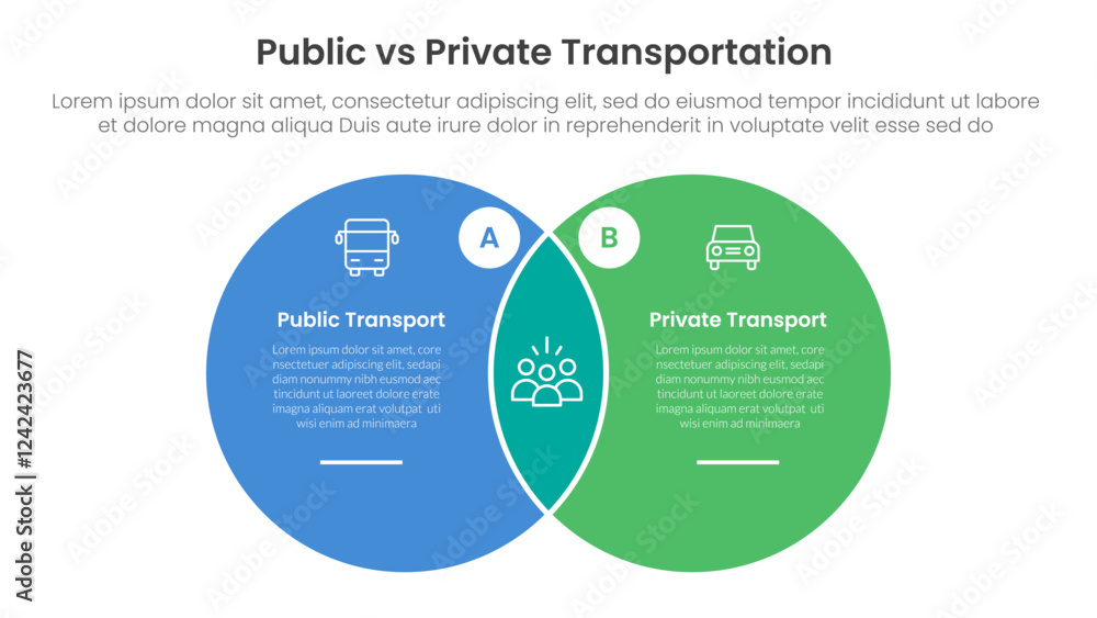 Poster public transport vs personal vehicle comparison concept for infographic template banner with big cir