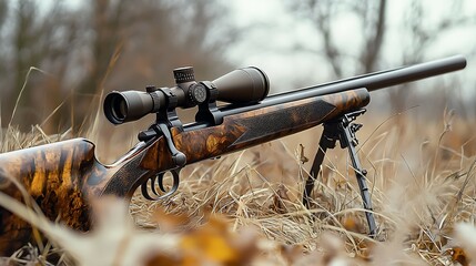 Close-up of a hunting rifle with a scope on an old log