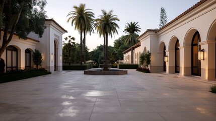 Naklejka premium home exterior architecture design concept, A luxurious Mediterranean-style villa exterior with stucco walls, terracotta roof tiles, arched doorways, a spacious courtyard with a central fountain