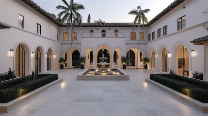 Fototapeta premium home exterior architecture design concept, A luxurious Mediterranean-style villa exterior with stucco walls, terracotta roof tiles, arched doorways, a spacious courtyard with a central fountain