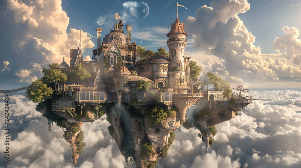 Aufkleber illustrate a whimsical fantasy world using cg 3d rendering, featuring unexpected camera angles that 