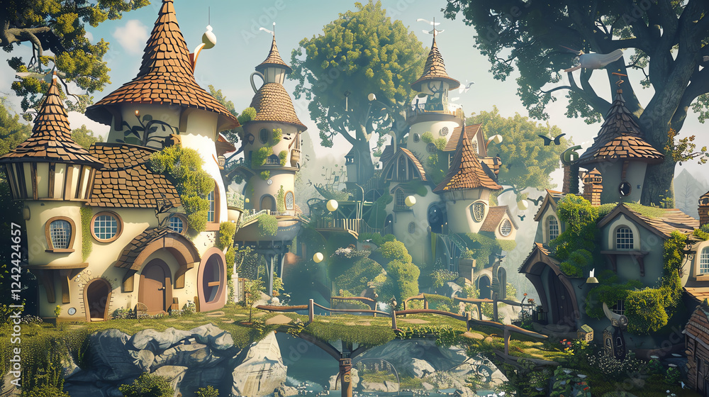 Aufkleber illustrate a whimsical fantasy world using cg 3d rendering, featuring unexpected camera angles that 