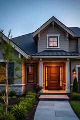 Obraz premium Luxury Modern Home Exterior at Dusk: Stunning Architectural Design and Landscaping