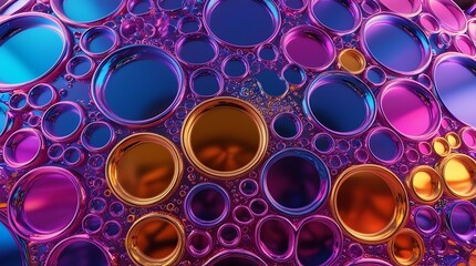 A detailed macro shot of multicolored bubbles with a metallic sheen, showcasing intricate patterns and depth, reflecting light in a dazzling array of hues and tones.
