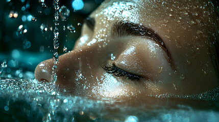 Fototapeta premium Close up of a woman with closed eyes relaxing in water as droplets splash on her wet face during a spa session.