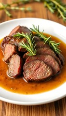 Sliced Beef Rosemary Sprigs A White Plate