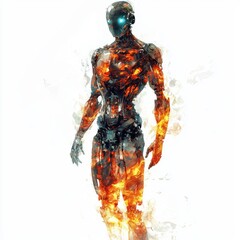 Fototapeta premium Futuristic humanoid robot with glowing orange and blue features in a dramatic, ethereal setting showcasing advanced technology and design