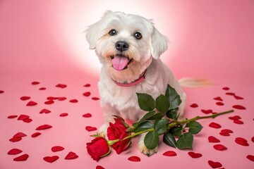 Adorable Maltese Dog Holding a Rose in a Romantic Scene with Pink Background