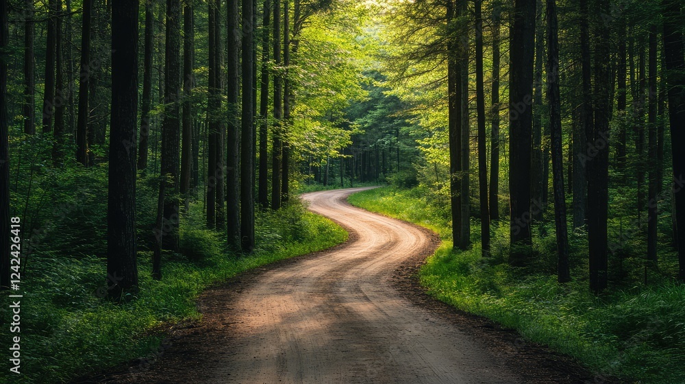 Aufkleber serene forest pathway through lush green trees in early morning light with a gentle curve inviting p