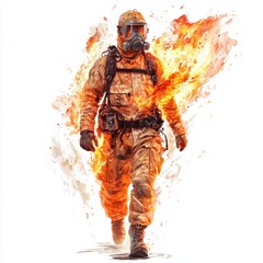 Fototapeta premium Brave Firefighter in Protective Gear Battling Flames with Intense Focus and Determination in Challenging Conditions