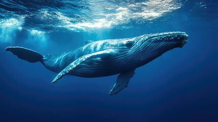 Fototapeta premium Majestic Humpback Whale Swimming Gracefully Beneath Crystal Clear Ocean Waters with Sunlight Filtering Through the Surface Illuminating the Marine Habitat