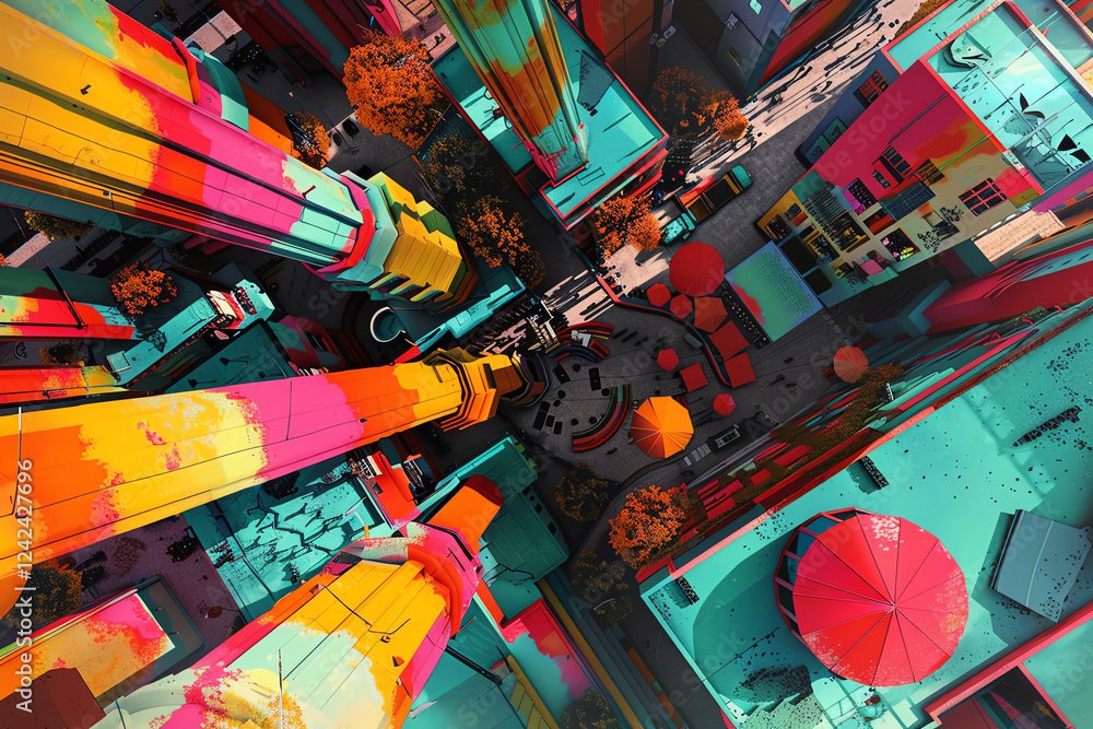 Aufkleber incorporate vibrant colors and geometric shapes to depict an aerial view of utopian dreams, using a 