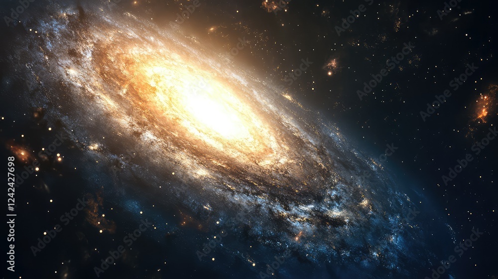 Poster stunning spiral galaxy in deep space with bright core and stellar objects illuminated by celestial l