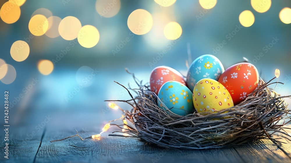 Poster colorful easter eggs in a nest with soft blurred background and bokeh lights ideal for spring celebr