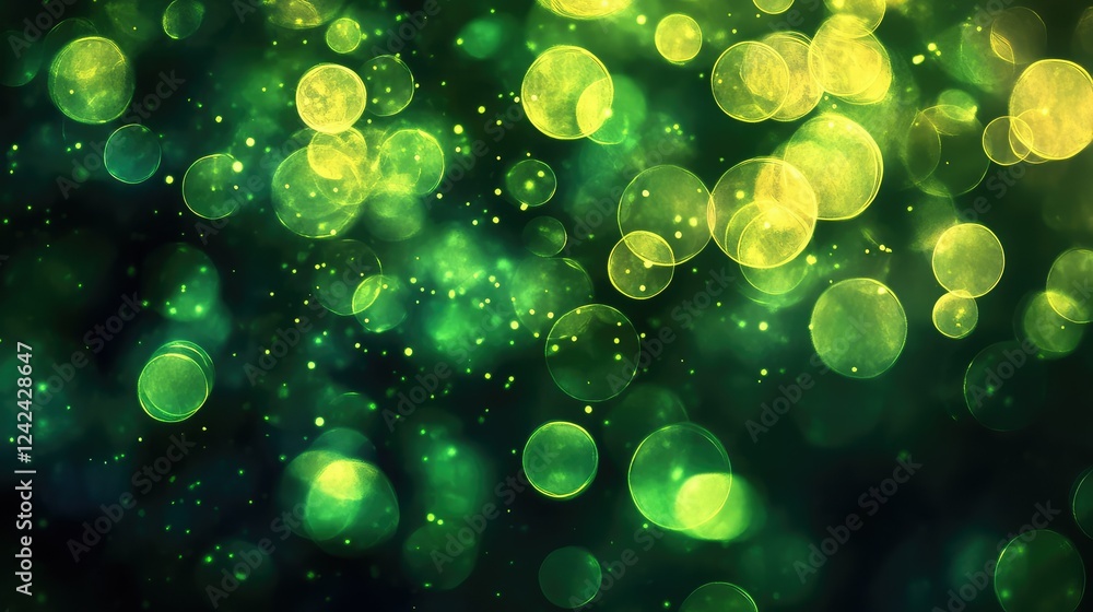 Poster vibrant green and yellow bokeh background with soft circular lights creating a dreamy atmosphere for