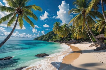 Fototapeta premium Stunning Tropical Beach with Palm Trees and Crystal Clear Blue Ocean