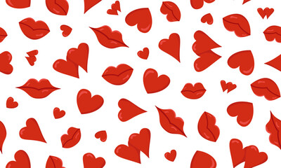 Vector seamless pattern of hearts and lips. Image for wallpaper, packaging and banner for Valentine's Day or wedding.