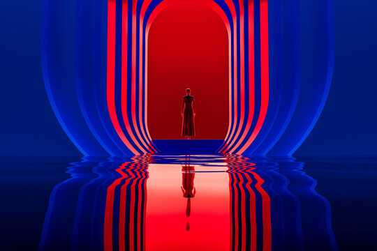 Silhouette of a woman in a colorful tunnel with water reflections
