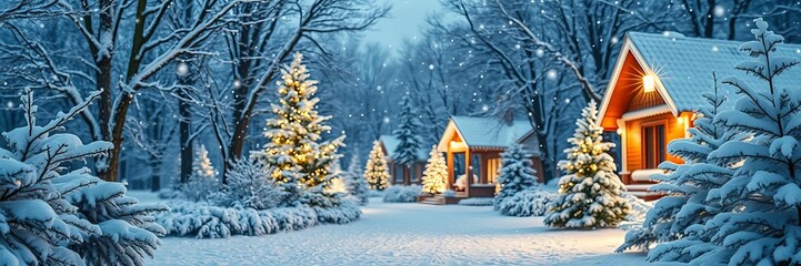 Winter wonderland with snow-covered homes, icy snowflakes, Christmas lights, wintery trees, and snowy paths, background, snowy paths, home