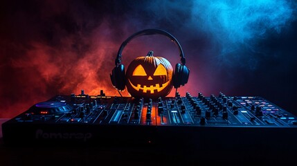 Halloween pumpkin wearing headphones is sitting on dj deck
