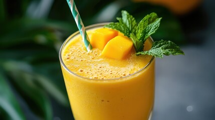 Vibrant yellow mango smoothie with a straw and mint garnish, tropical vibes