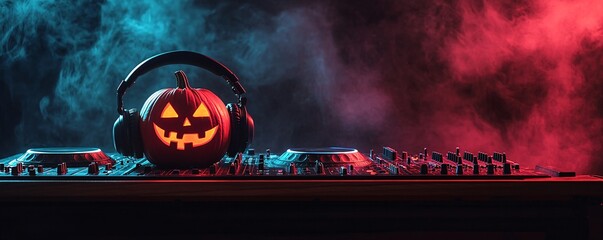 Halloween pumpkin wearing headphones on dj deck mixing music for party