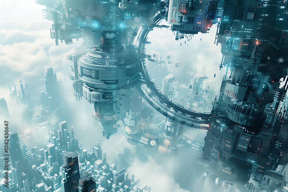Poster transform a panoramic cityscape into a futuristic blend of abstract art and robotic elements use dig