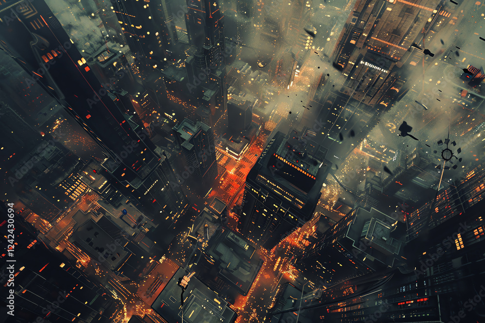 Poster transform a panoramic cityscape into a futuristic blend of abstract art and robotic elements use dig