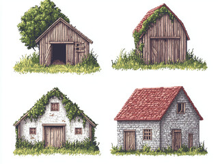 Obraz premium Pixel Art Farm Barns - Rustic Countryside Buildings