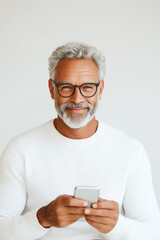 Stylish older man in a white sweater smiling while holding a smartphone against a bright background

