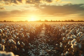 Obraz premium Cotton field with rows of cotton plants ready for harvest, agricultural landscape
