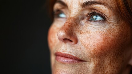 Obraz premium Close-up of a mature woman's face, showing freckles and wrinkles. Illustrates natural beauty and the aging process.
