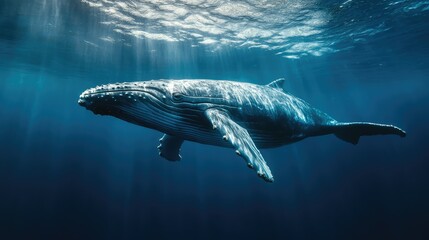Naklejka premium Whale swimming effortlessly through the water, captured in a deep ocean shot