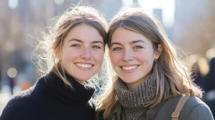 Obraz premium Two smiling twin sisters posing outdoors on a sunny day.