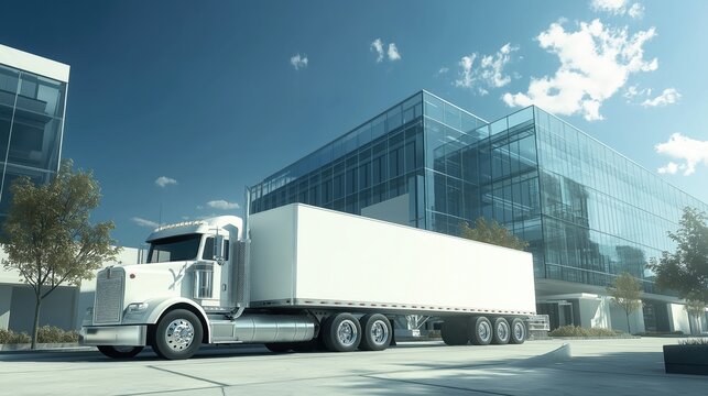 large white truck with a blank white trailer parked in front of a modern building. The truck appears to be a semi-truck with a long body and a flatbed trailer attached to the back