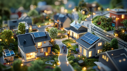 picturesque rural area featuring decentralized solar systems, illuminated homes, and lush greenery creates serene atmosphere