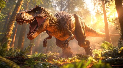 Obraz premium Tyrannosaurus Rex in sunlit jungle.