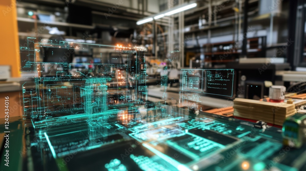 Poster futuristic engineering software displays a complex 3d model and lines of code, potentially revolutio
